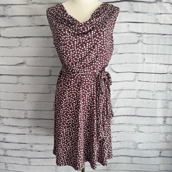LOFT Dresses & Skirts - LOFT Petite Medium MP Burgundy Abstract Dot Cowl Neck Tie Waist Dress
